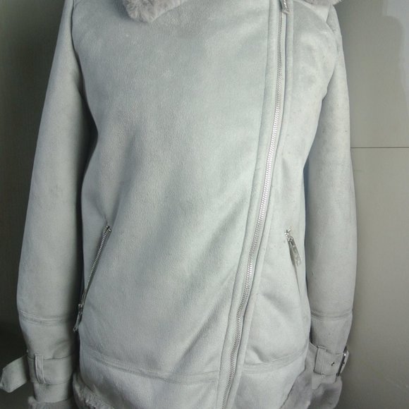 Hollister Biker Jacket Small Faux Suede Fur Grey Plush Super Soft NEW With Defec - Picture 12 of 14